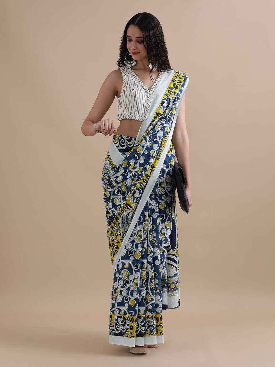 Navy & Yellow Kalamkari-Inspired Cotton Saree