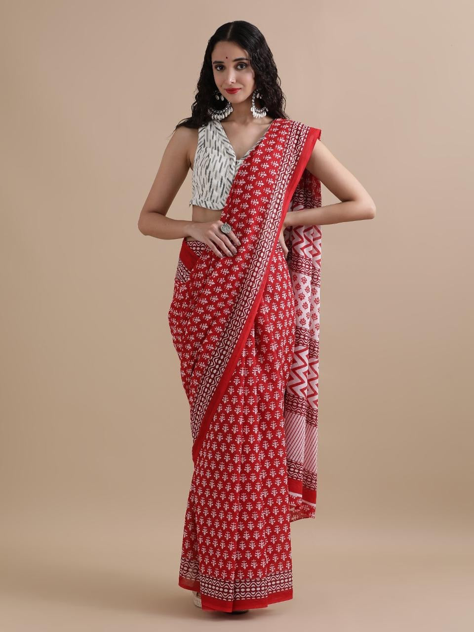 Handblock Printed Red Cotton Saree with Blouse Piece