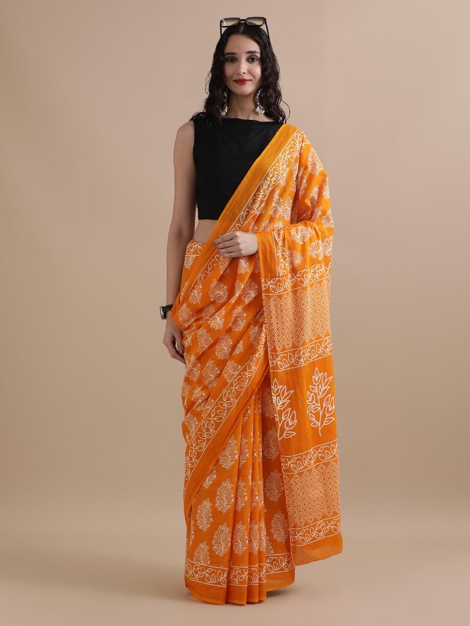 Handblock Printed Orange Cotton Saree with Traditional Motifs