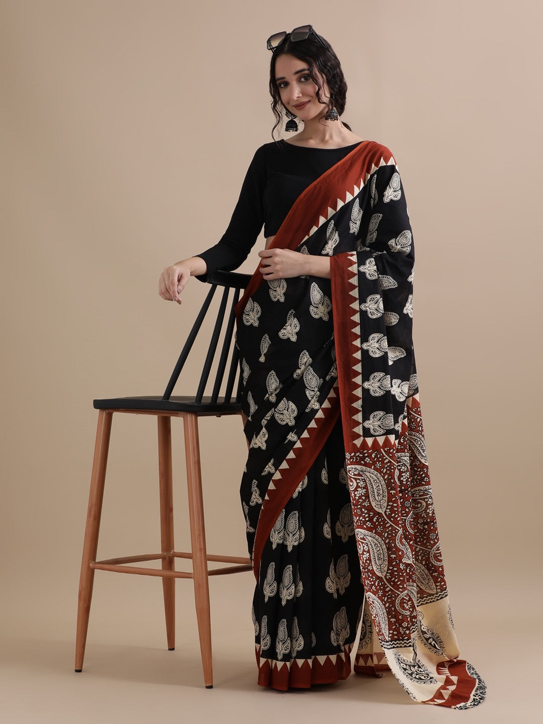 Black Handblock Cotton Saree with Rust Pallu and Contrast Prints