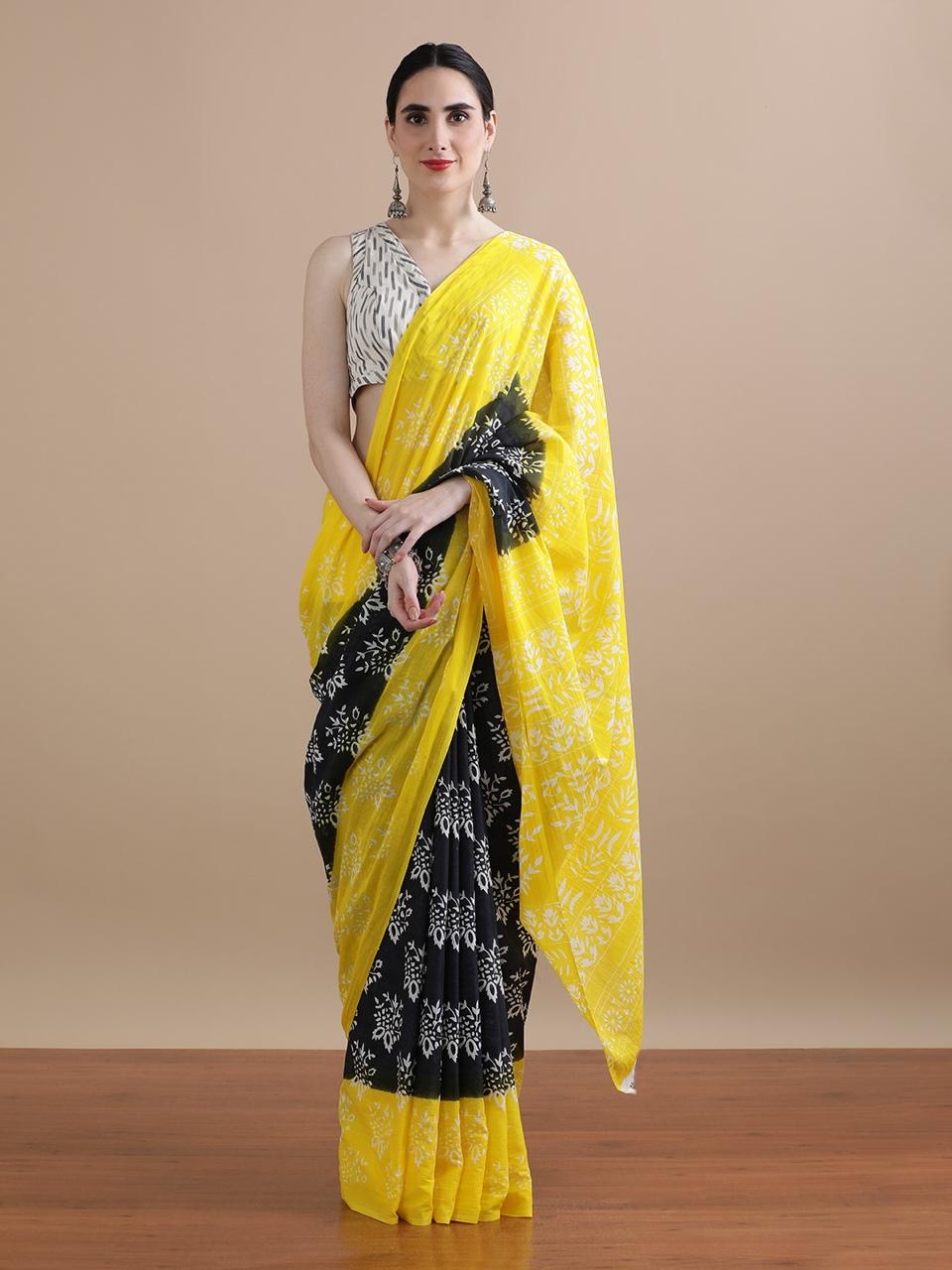 Yellow & Black Dual-Toned Handblock Cotton Saree