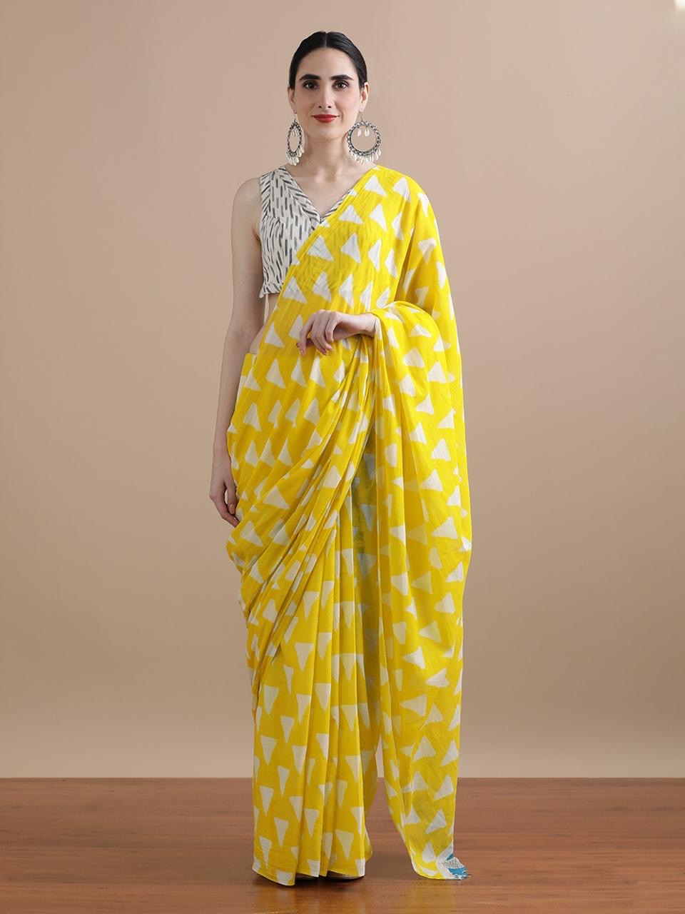 Yellow Geometric Pattern MulMul Cotton Saree