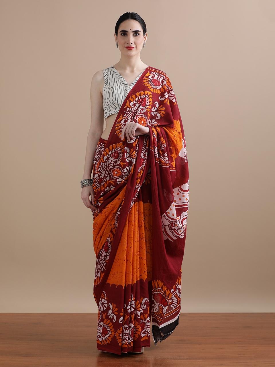 Red & Orange Cotton Saree with Bold Folk Motifs
