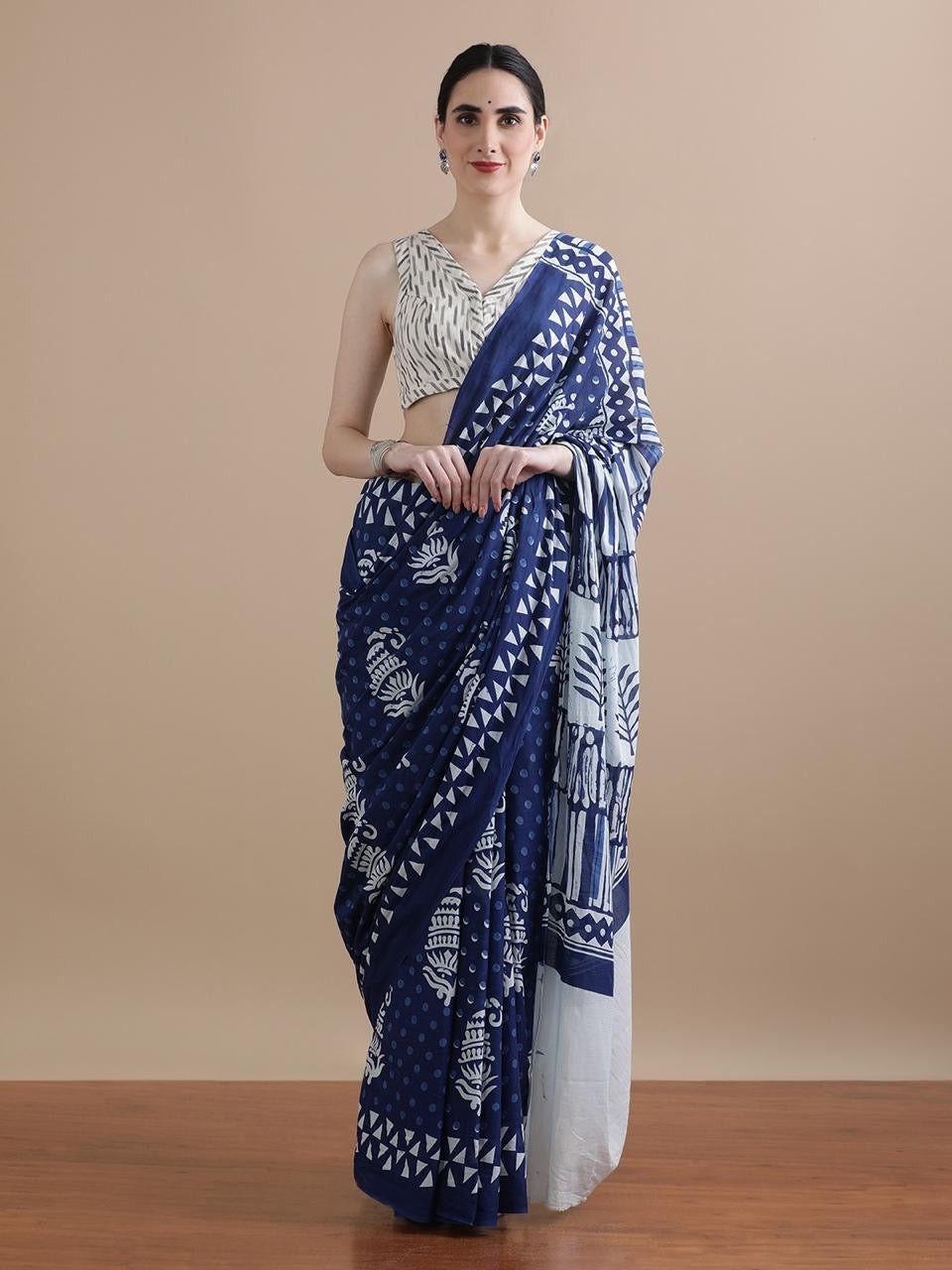 Indigo Blue Handblock Printed Cotton Saree with Tribal Accents