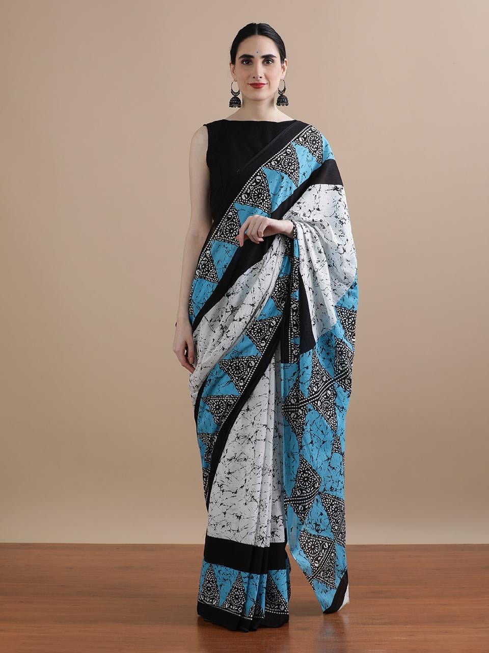 White & Blue Batik Cotton Saree with Geometric Panels