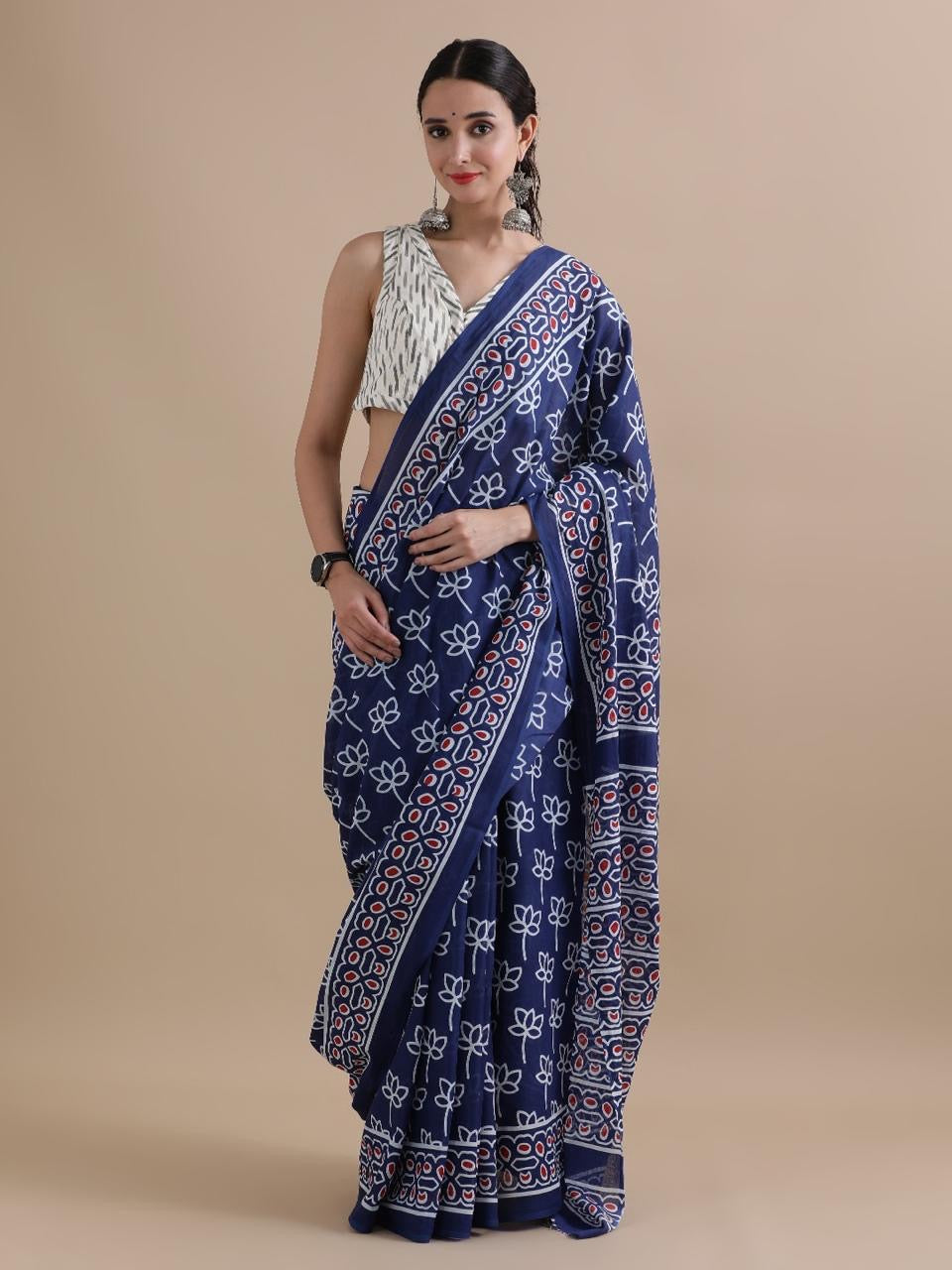 Navy Blue Handblock Cotton Saree with White Floral Prints