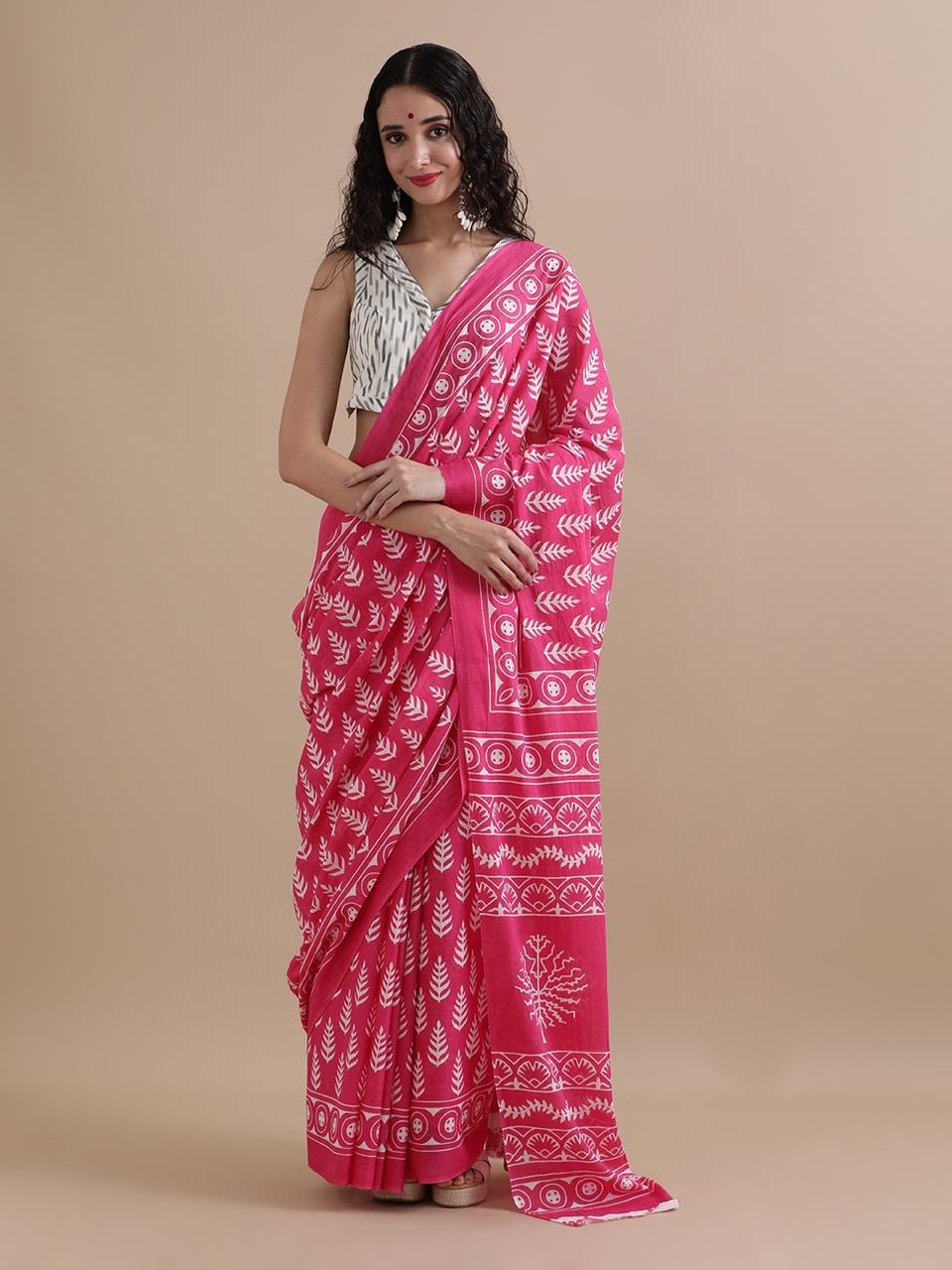 Rani Pink Handblock Printed Cotton Saree with Nature Motifs