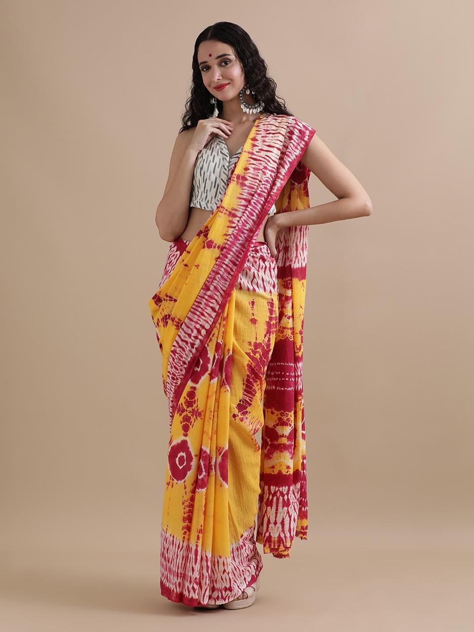 Yellow & Pink Bandhani Cotton Saree with Shibori Accents