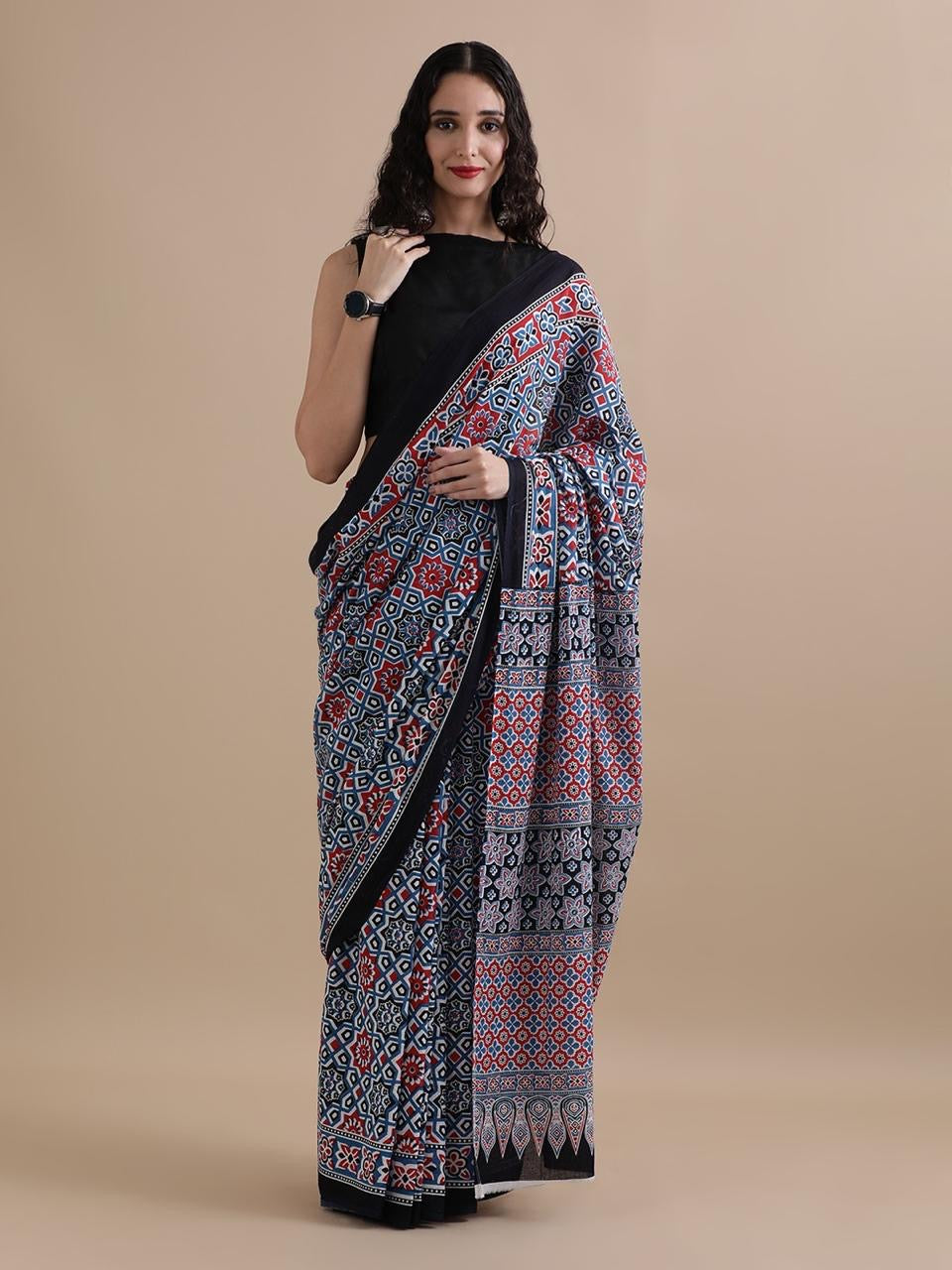 Multicolor Ajrakh-Inspired Cotton Saree with Intricate Patterns