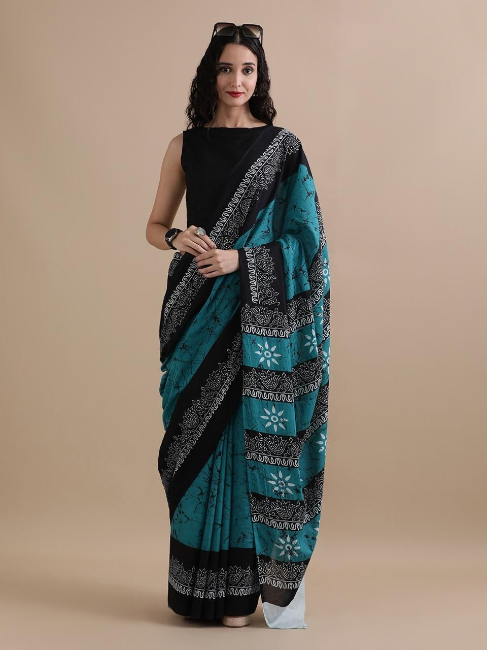 Teal & Black Bandhani Cotton Saree with Traditional Borders