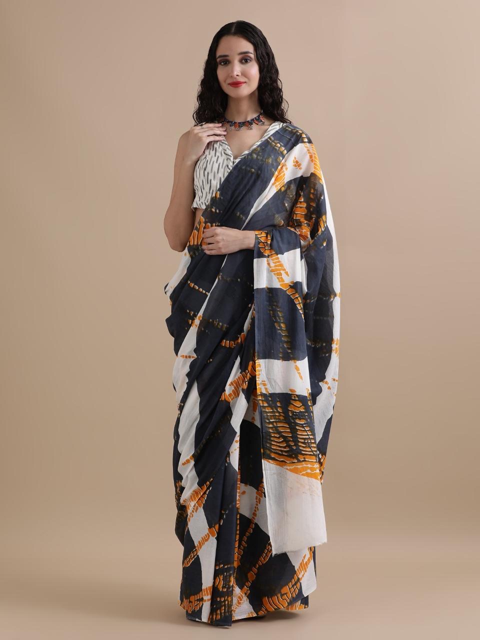 Monochrome Batik Cotton Saree with Diagonal Tie-Dye Stripes