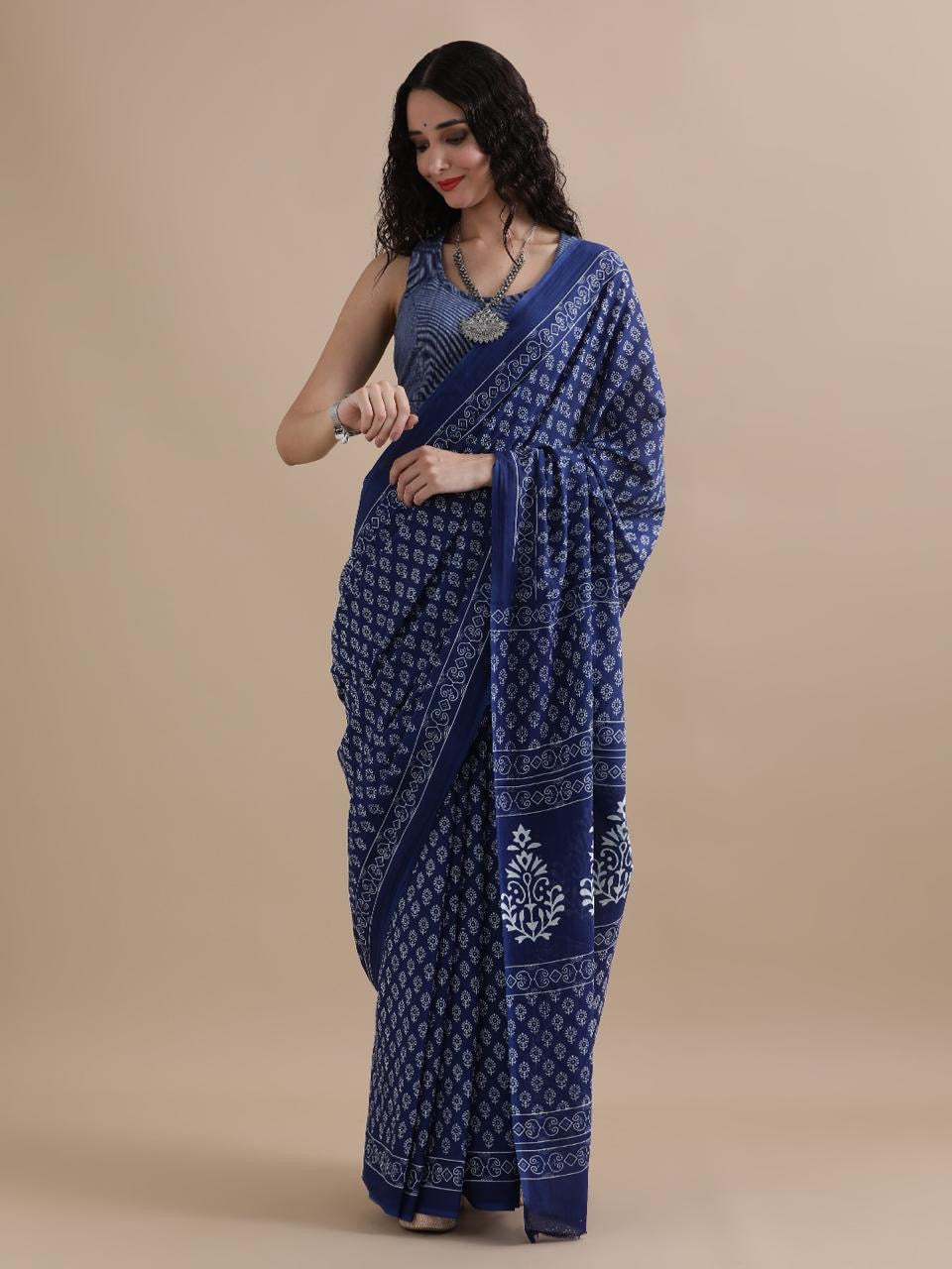 Indigo Blue Cotton Saree with Small Leaf Handblock Prints