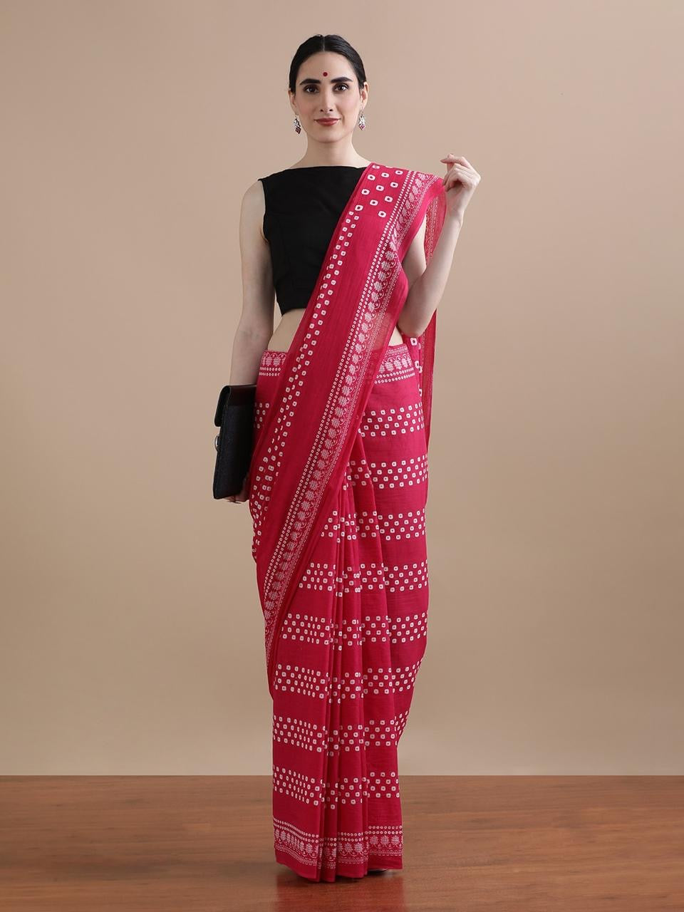 Rani Pink Bandhani Cotton Saree with White Dots