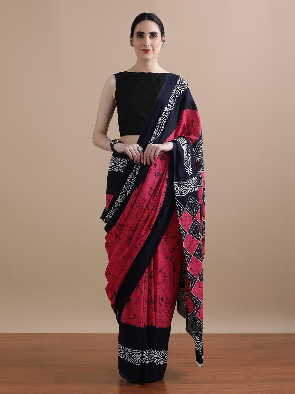 Wine Pink & Navy Cotton Saree with Batik & Tribal Print
