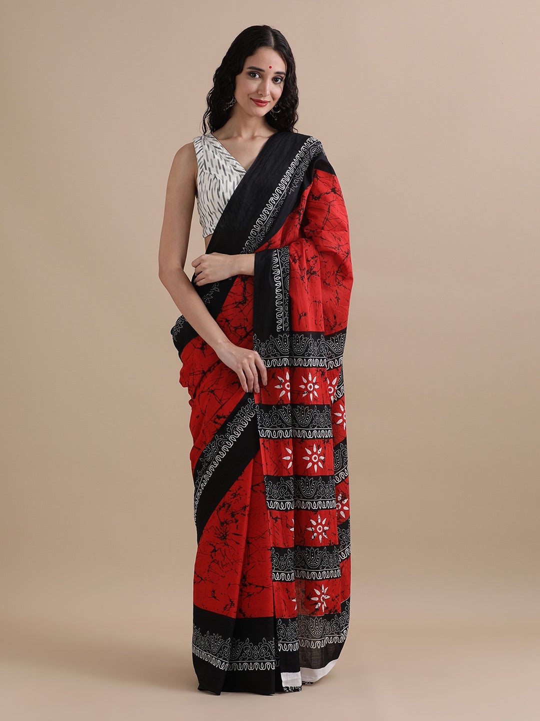 Red & Black Batik Cotton Saree with Striped Pallu