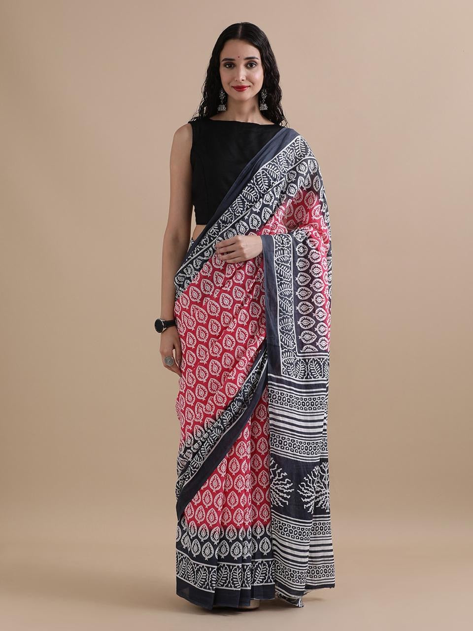 Red & Navy Dual-Tone Handblock Cotton Saree