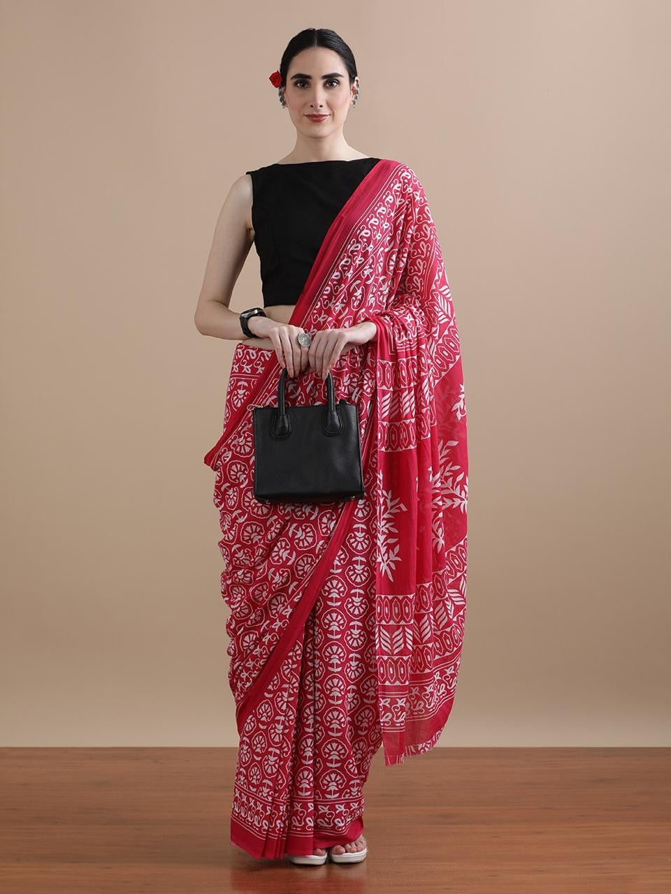Red Handblock Cotton Saree with Symbolic Circular Motifs