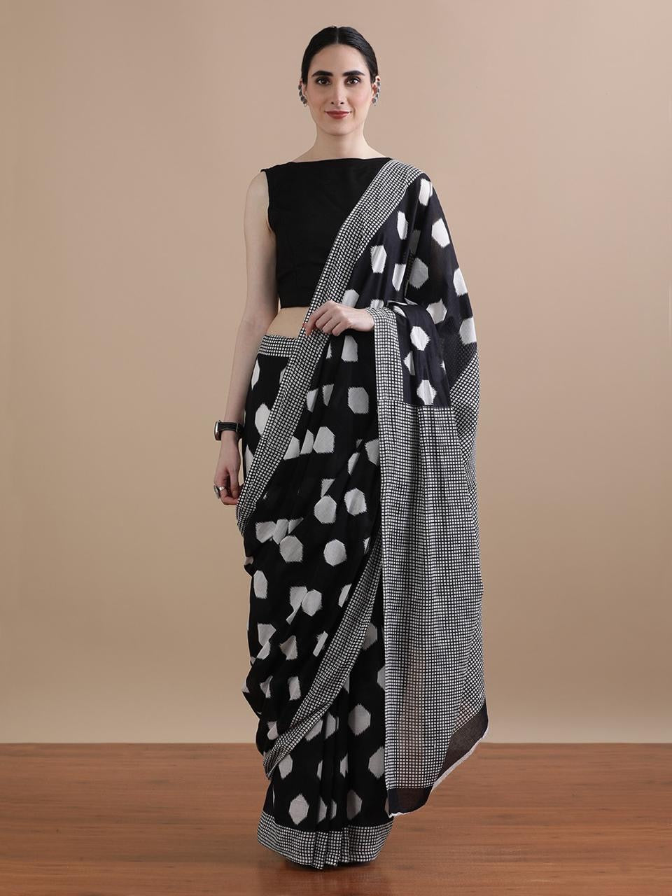 Black & White Polka Dots Cotton Saree with Mini Check Border