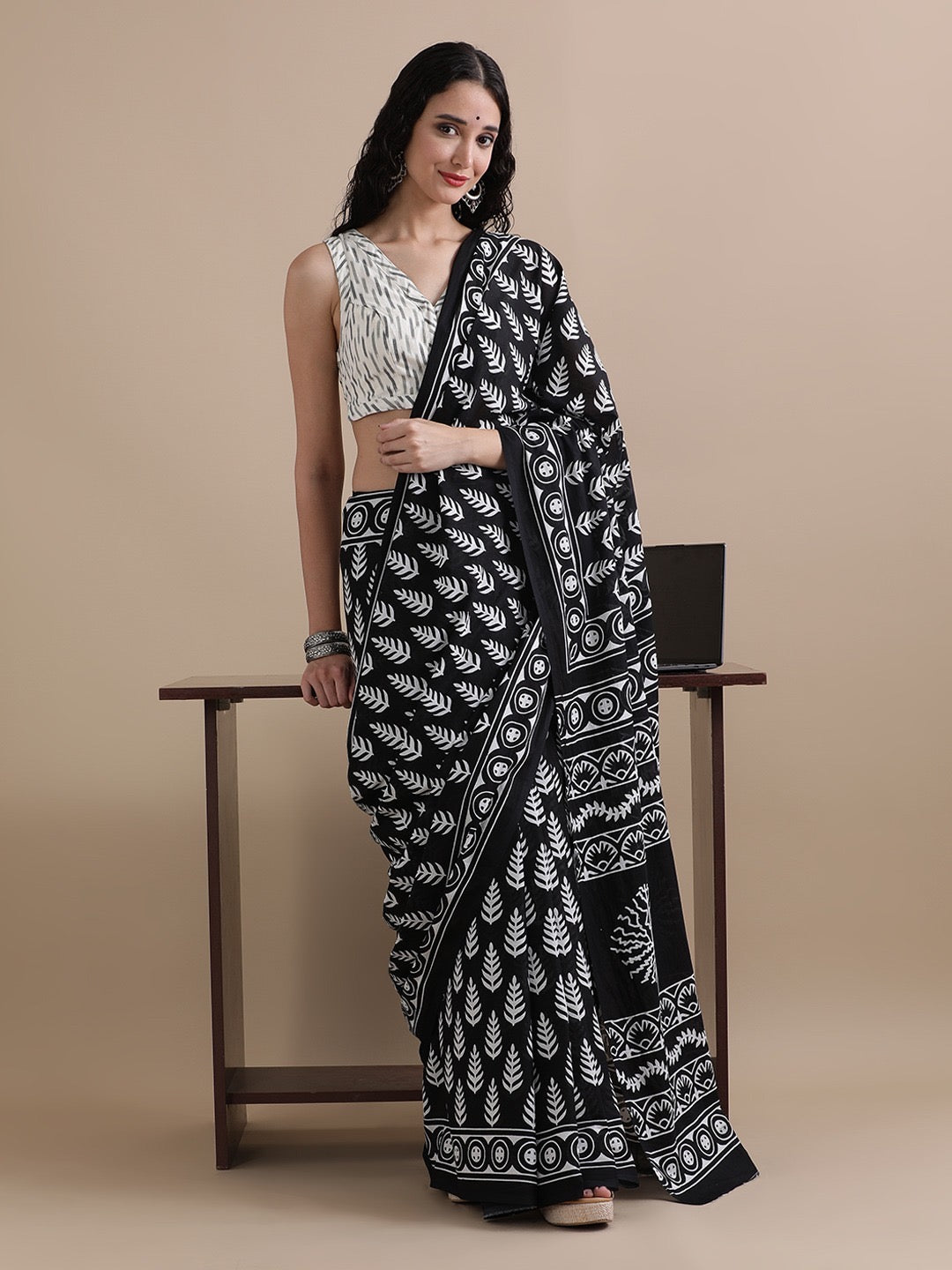 Black Handblock Printed Cotton Saree with Botanical Motifs