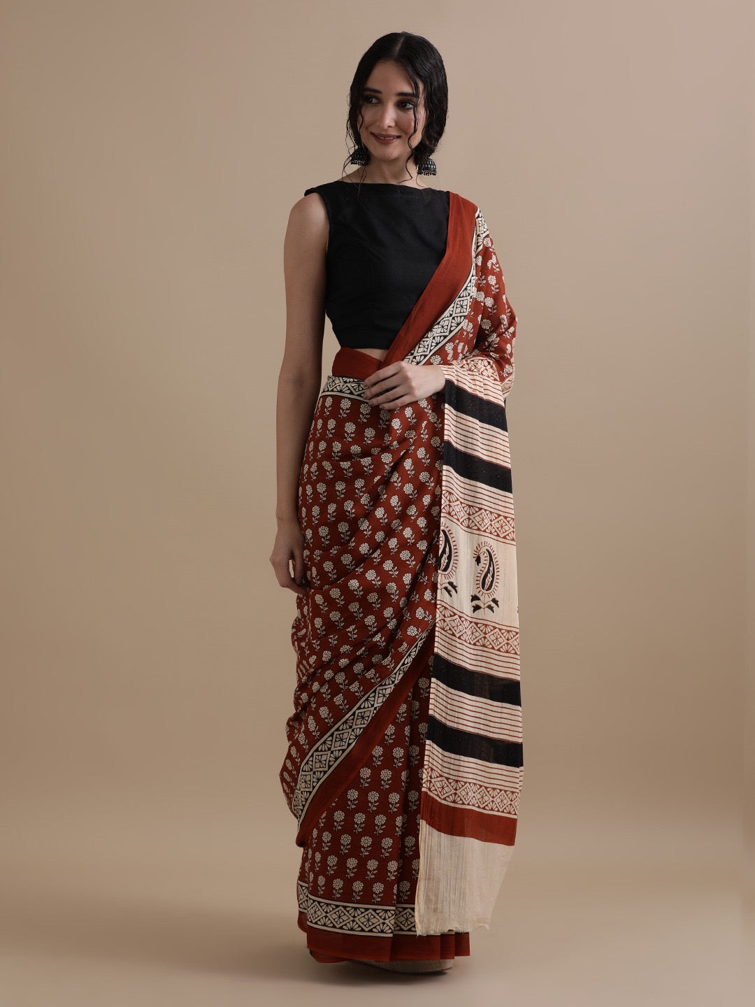 Terracotta Block Print Cotton Saree