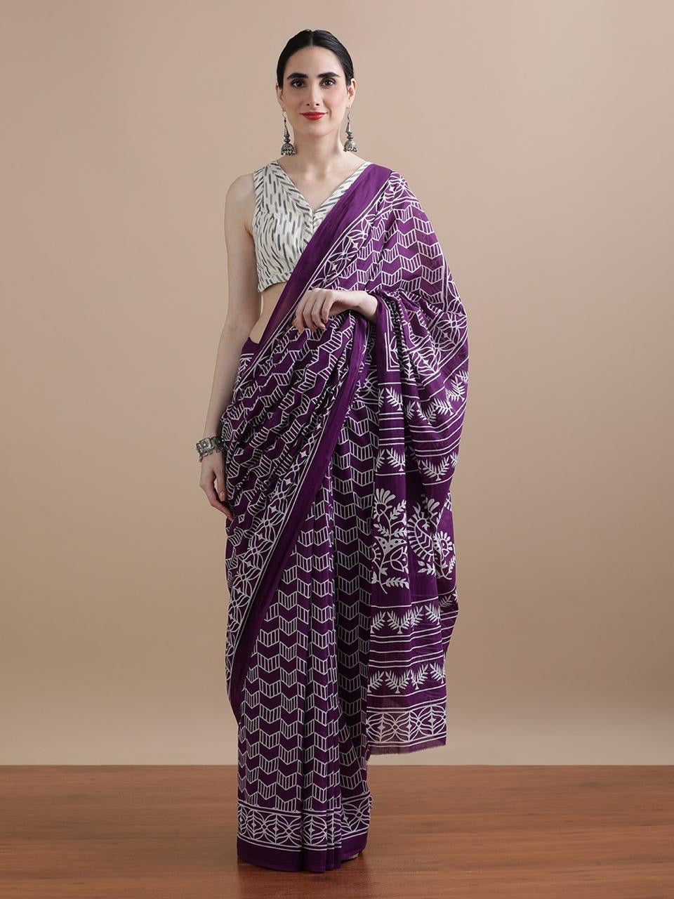 Royal Violet Geometric Handblock Saree