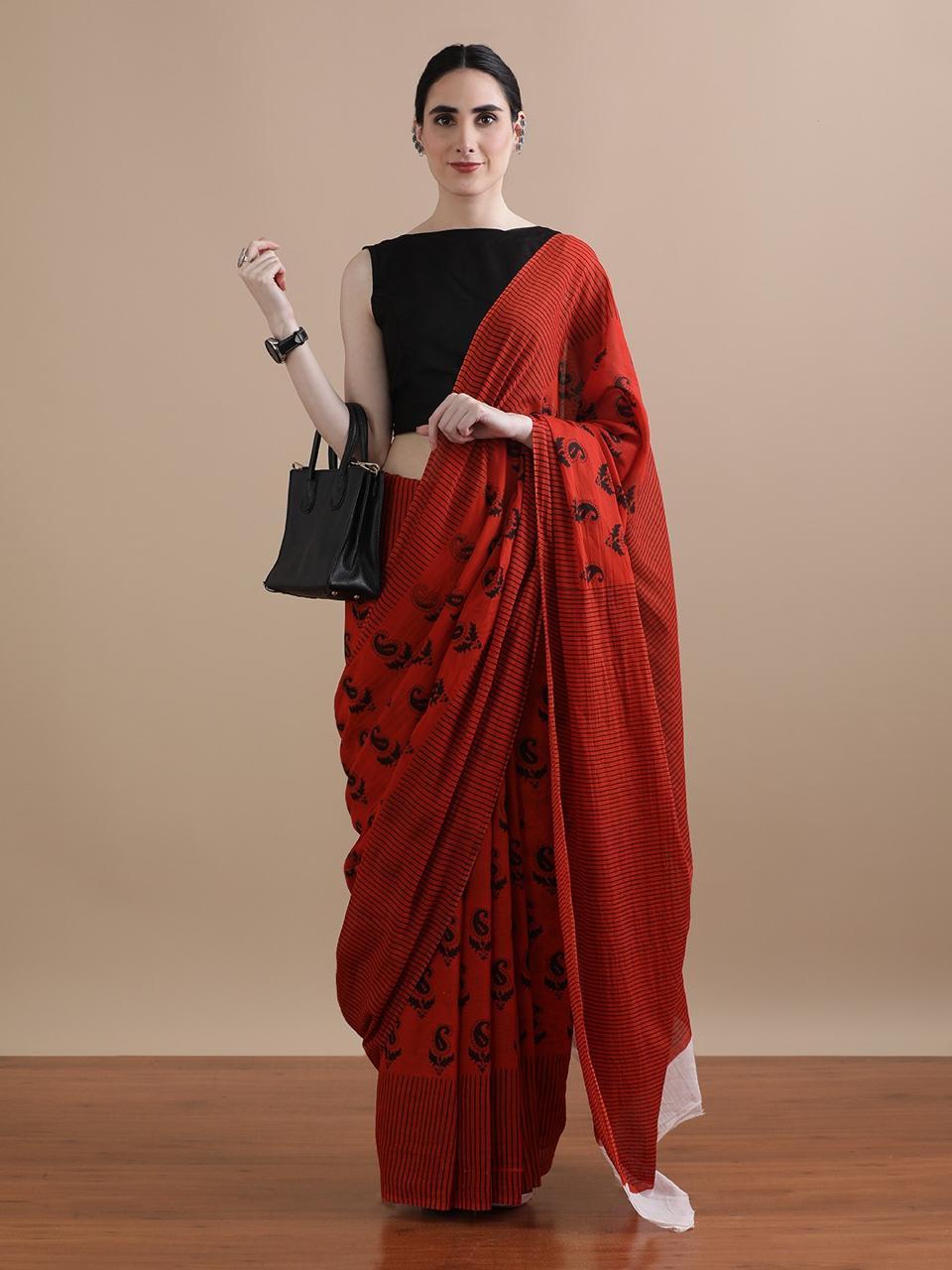 Rust Red Paisley Print Cotton Saree