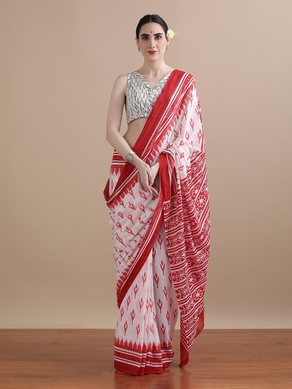 White & Red Ikat Inspired Cotton Saree