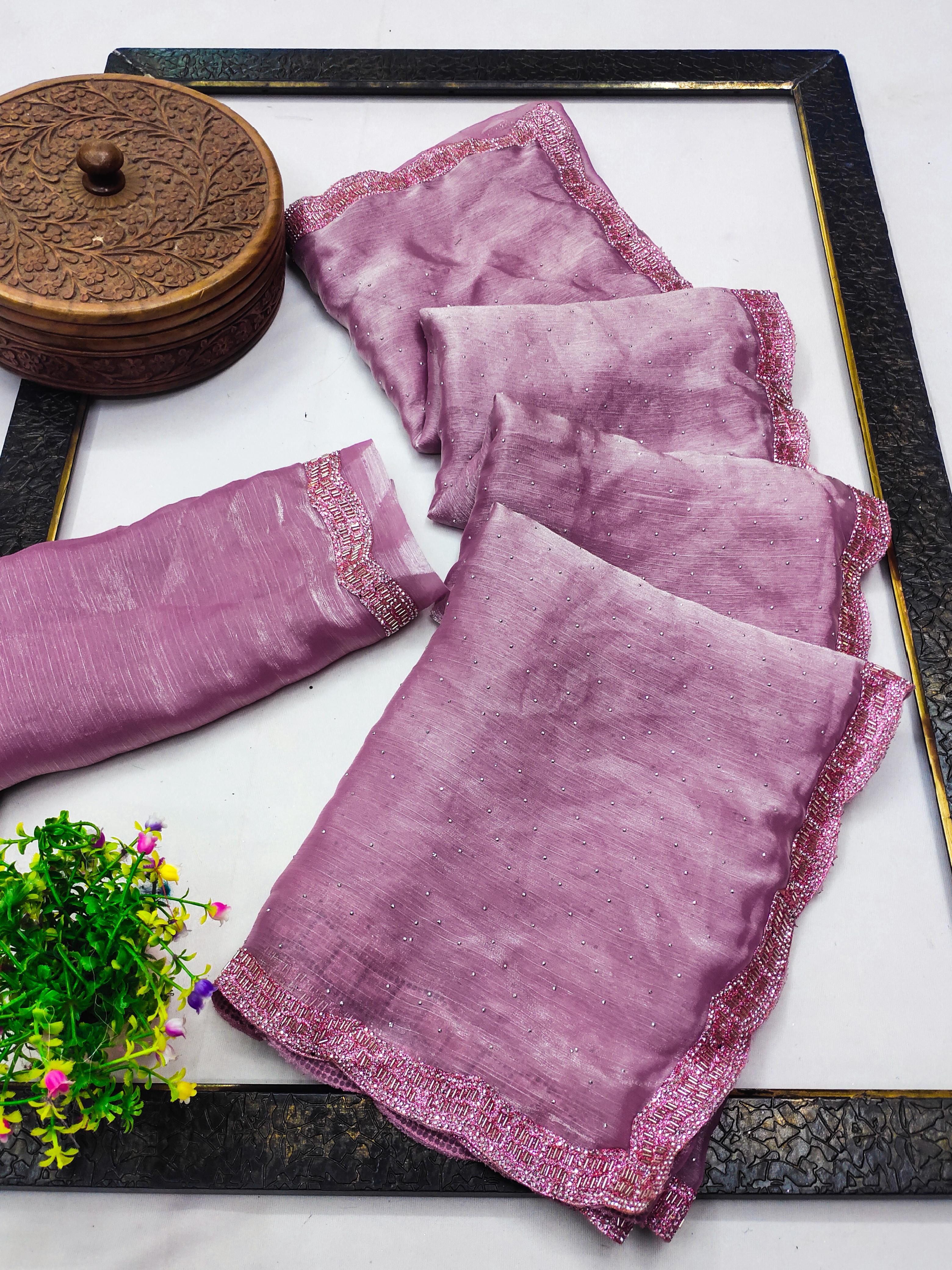 Fancy Fendi Chiffon Saree | Cutwork Lace & All-Over Siroksi