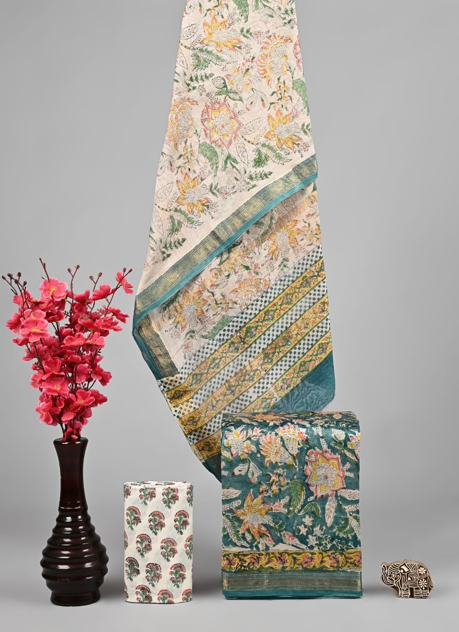 Floral Handblock Suit Set – Teal & Cream Harmony