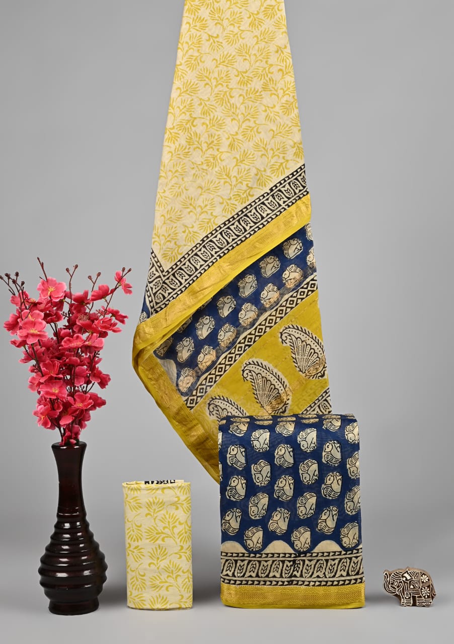 Maheshwari Silk Suit Set in Blue & Mustard with Fish Motif