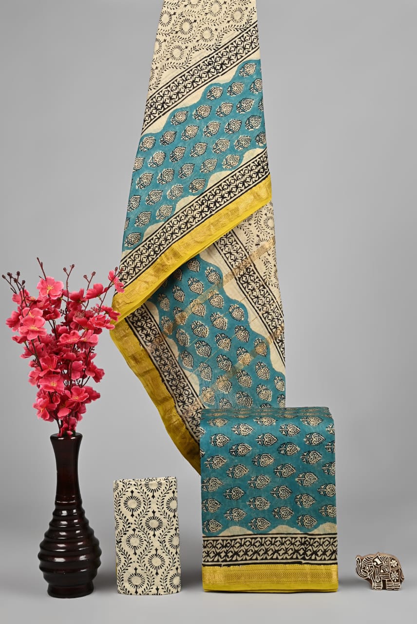Teal & Beige Maheshwari Silk Suit Set with Bold Leaf Motif