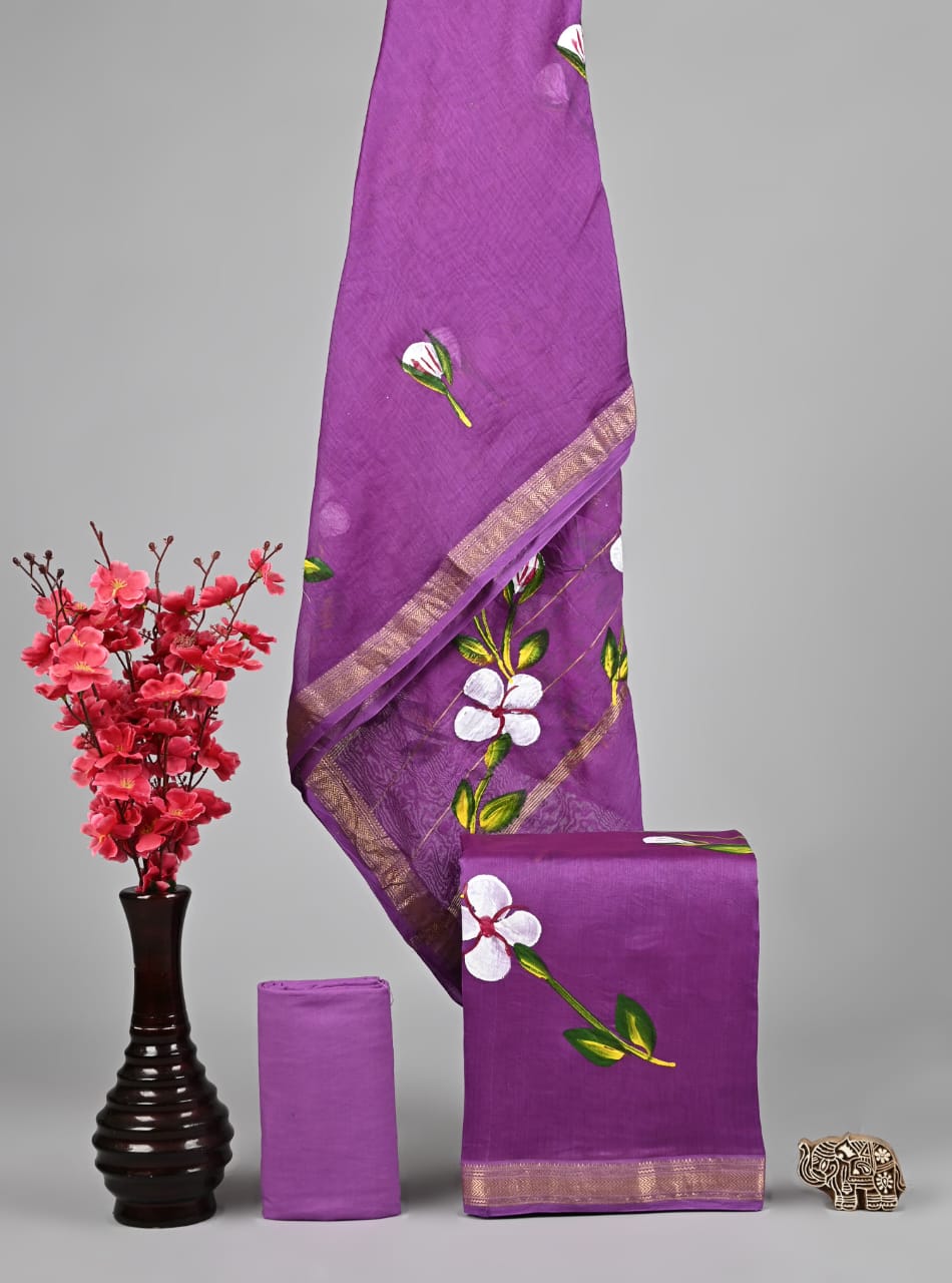 Handpainted Floral Maheshwari Silk Suit Set in Orchid Purple