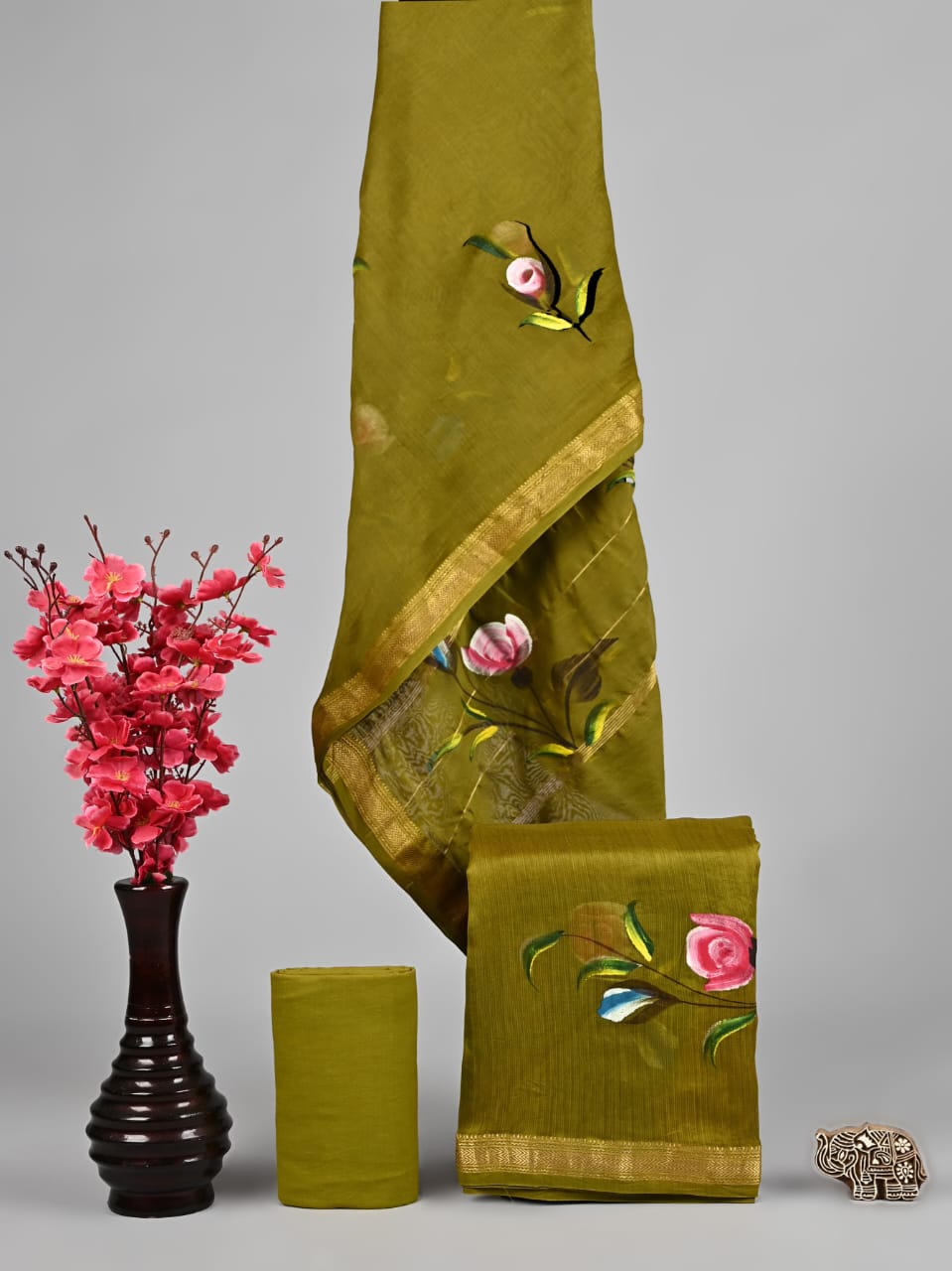 Olive Green Handpainted Floral Maheshwari Silk Suit Set