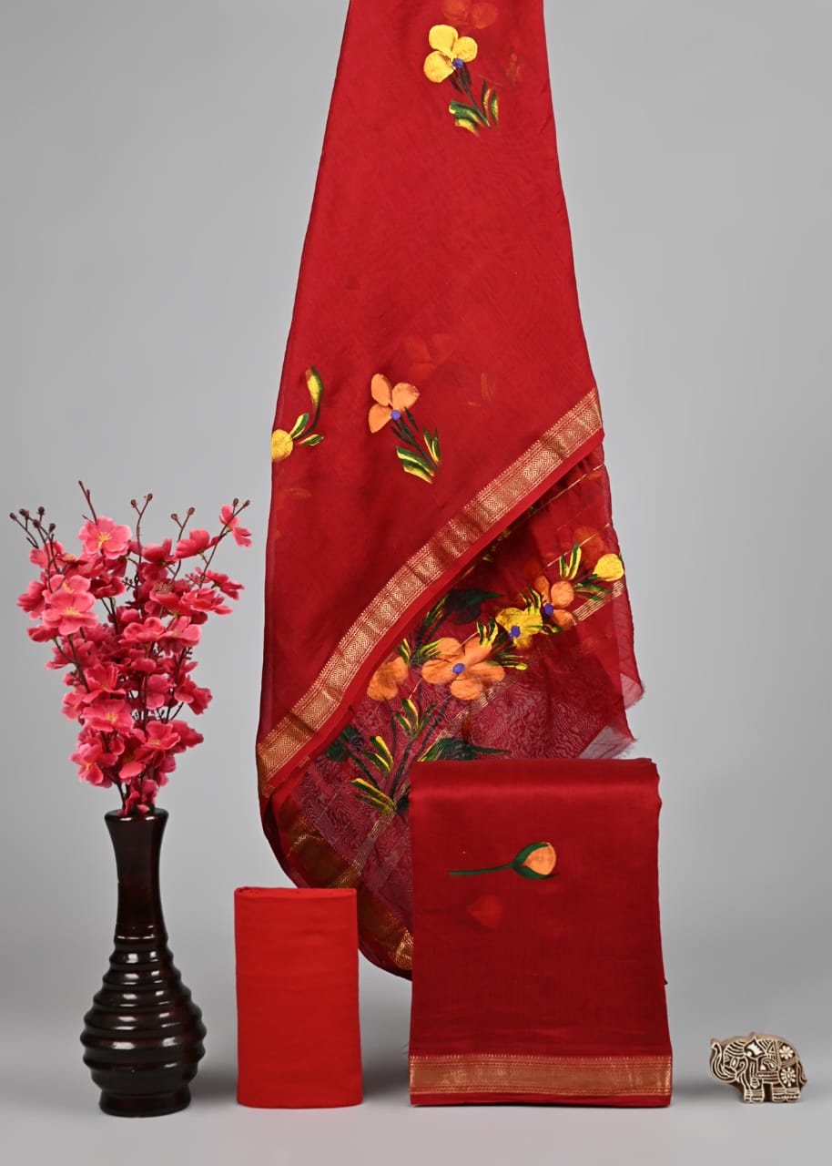 Scarlet Red Floral Handpainted Maheshwari Silk Suit Set