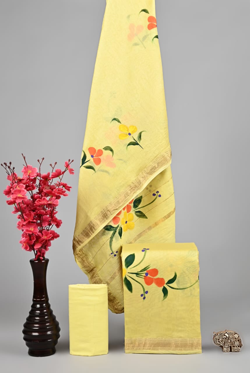 Pastel Yellow Handpainted Floral Maheshwari Silk Suit Set