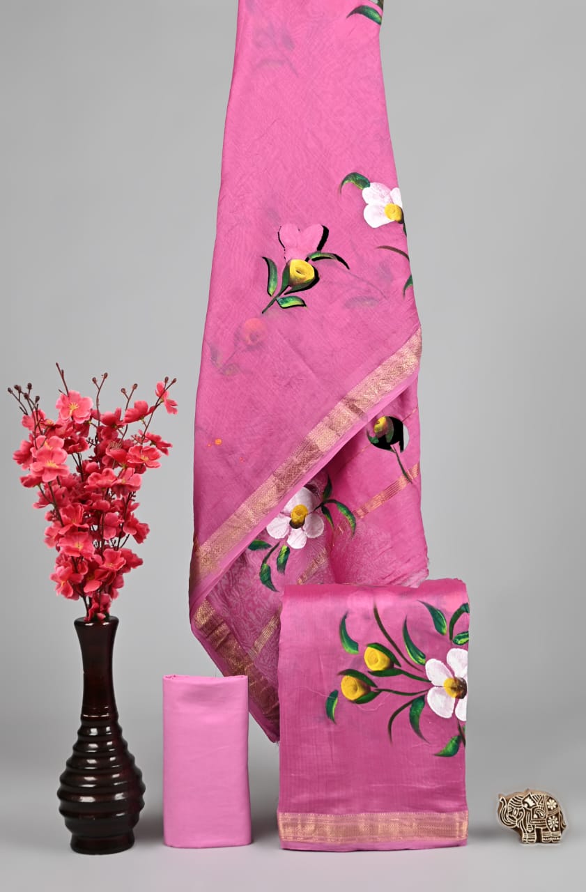 Bright Pink Handpainted Maheshwari Silk Suit