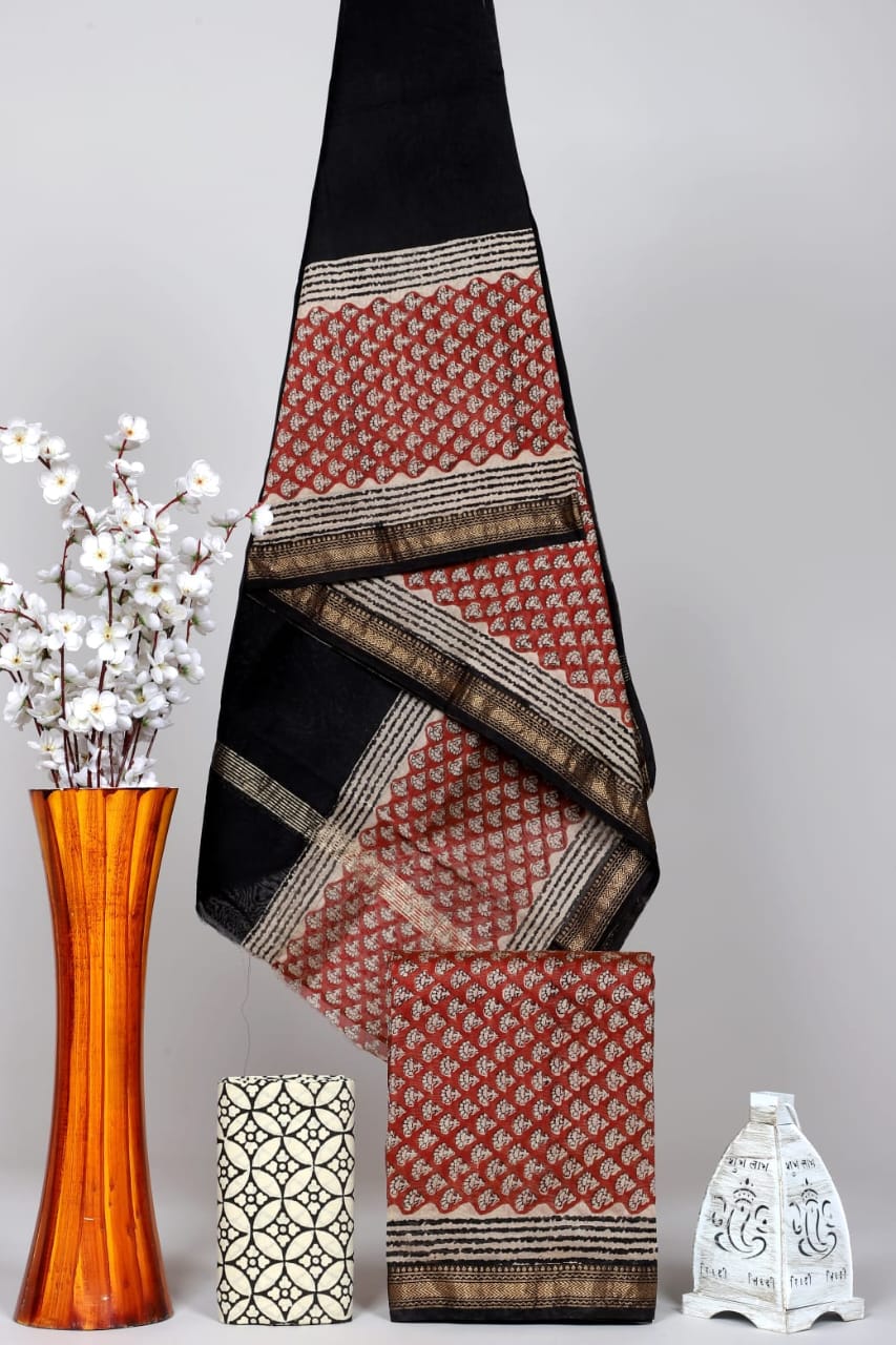Rust & Black Maheshwari Silk Suit Set