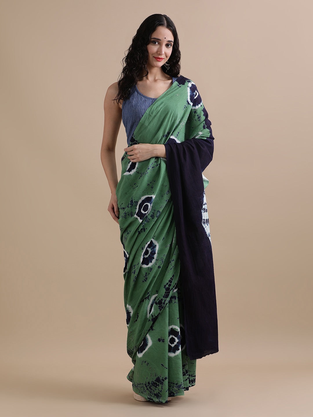 Green and Blue Tie-Dye MulMul Cotton Saree