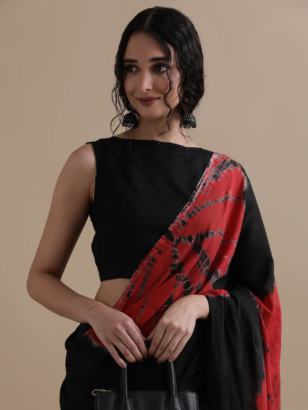 Black & Red Tie-Dye Cotton Saree
