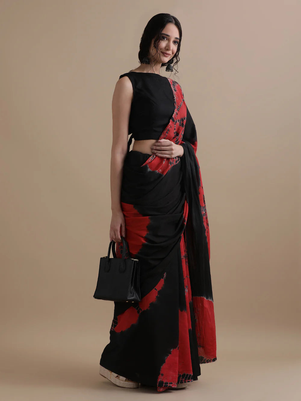 Black & Red Tie-Dye Cotton Saree