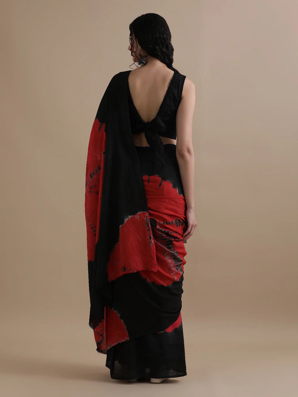 Black & Red Tie-Dye Cotton Saree