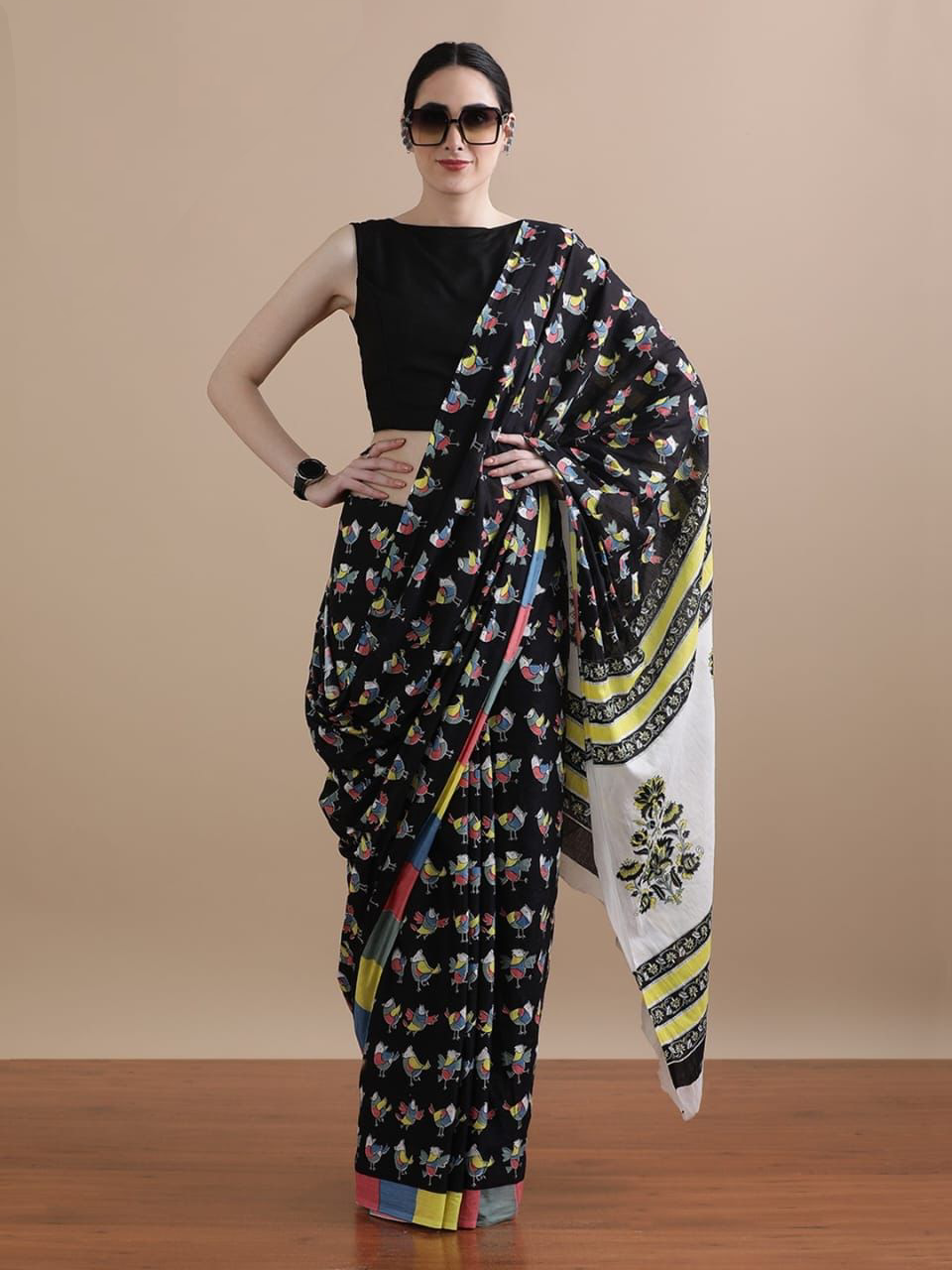 Black Multicolored Printed Cotton Saree