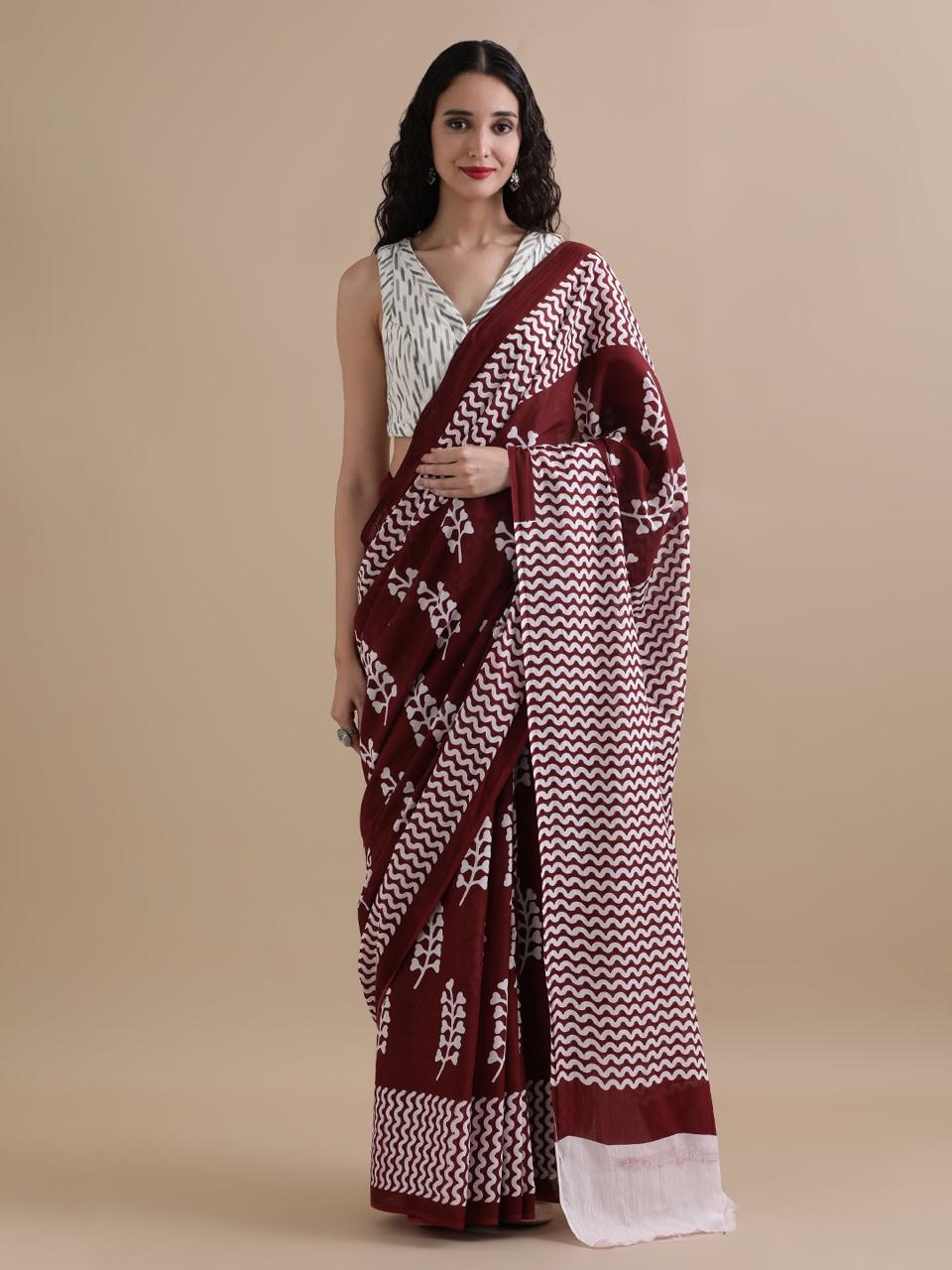 Maroon & White Handblock Printed Cotton Saree