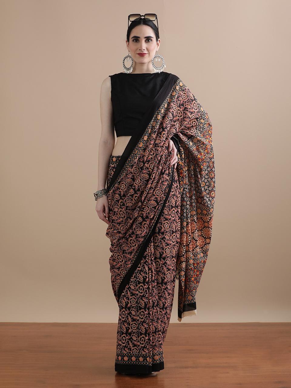Black and Rust Floral Block Print Cotton Saree