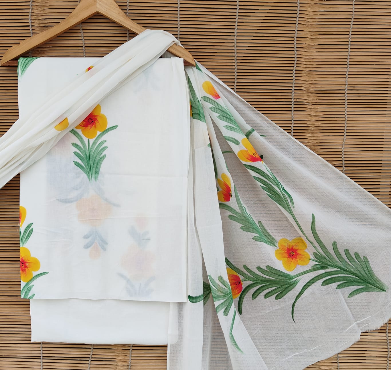 White with Yellow Floral Handpainted Cotton Suit Set