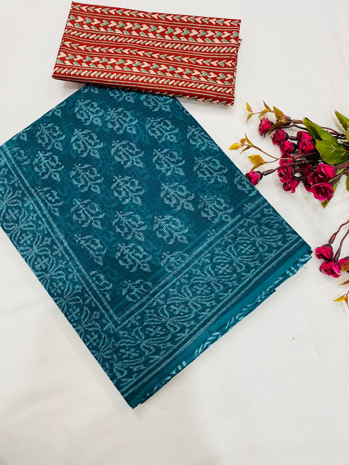 Teal Bloom Kota Doria Saree