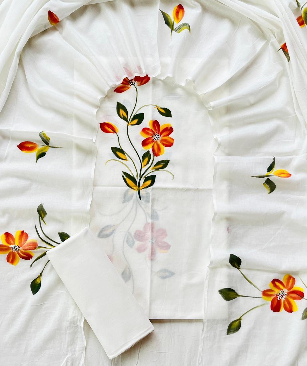 White Floral Handpainted Suit Set with Mulmul Dupatta