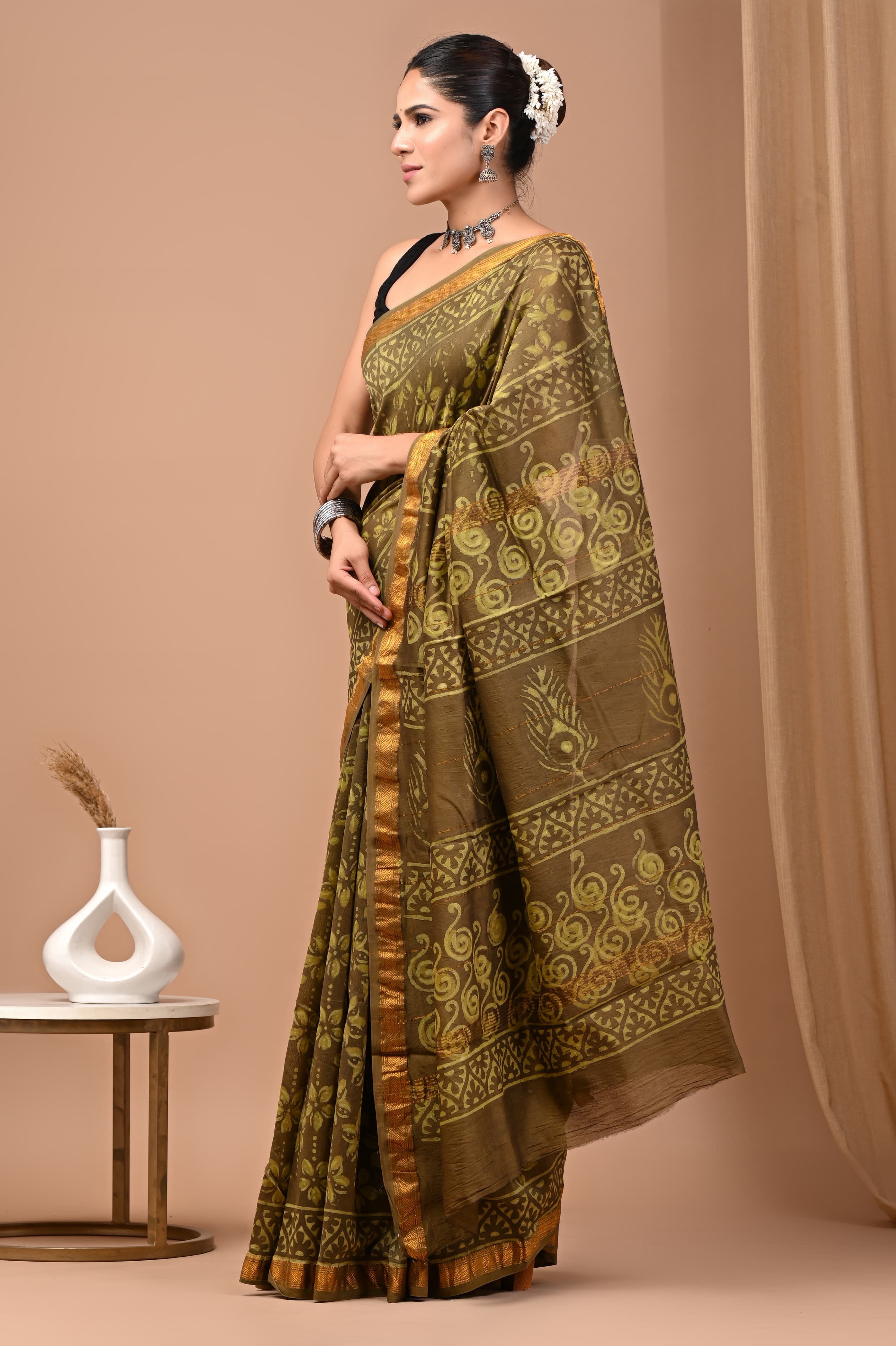 Olive Green Maheshwari Silk Saree with Peacock & Floral Handblock Print