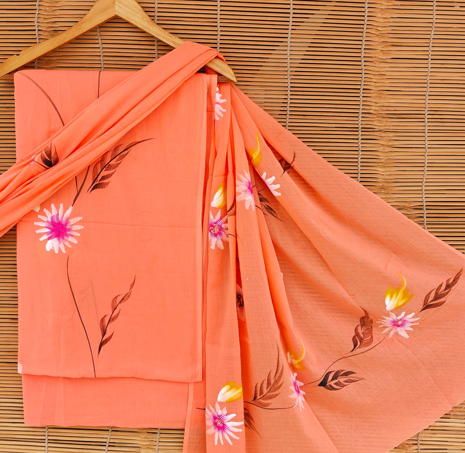 Peach Orange with Handpainted Floral Cotton Suit Set