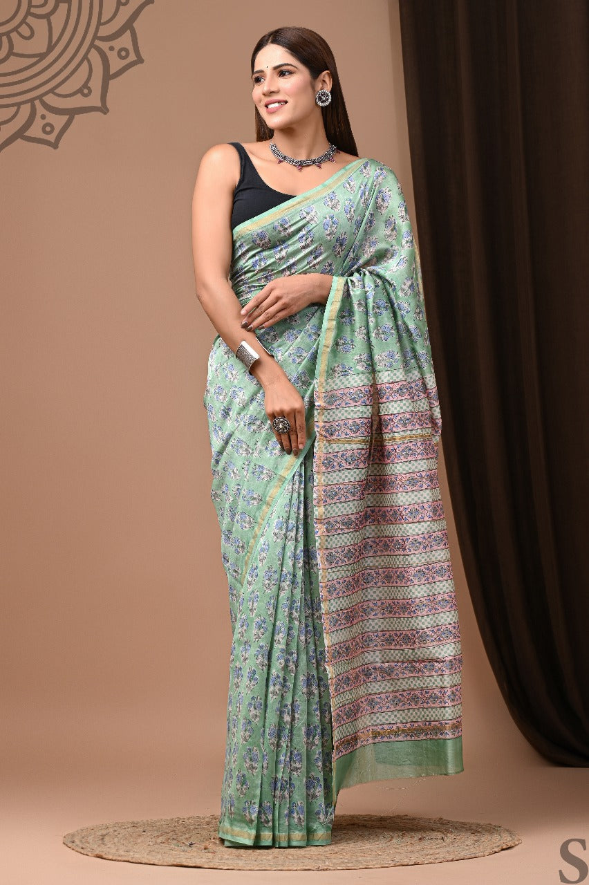 Exclusive Pure Hand Block Printed Chanderi Silk Saree